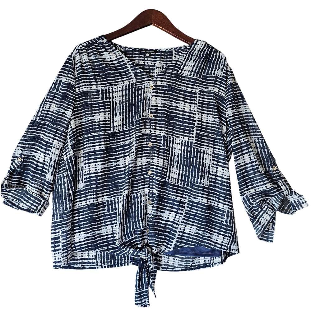 Ava & Grace Blue Print Tie Front Lined Blouse Top Women's Size L V Neck Pullover